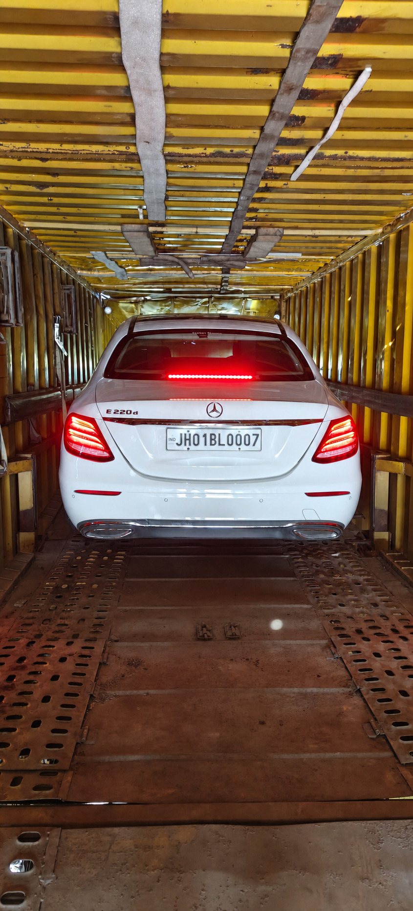 Mercedes-Benz E-Class, sealed inside our enclosed container for the run.