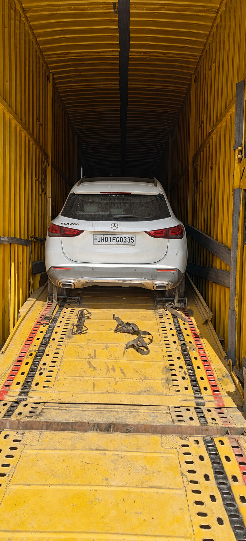 Mercedes-Benz GLA, boxed in for a fully enclosed transit.
