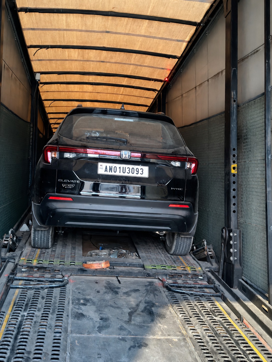 Honda Elevate, locked into the container for transit.