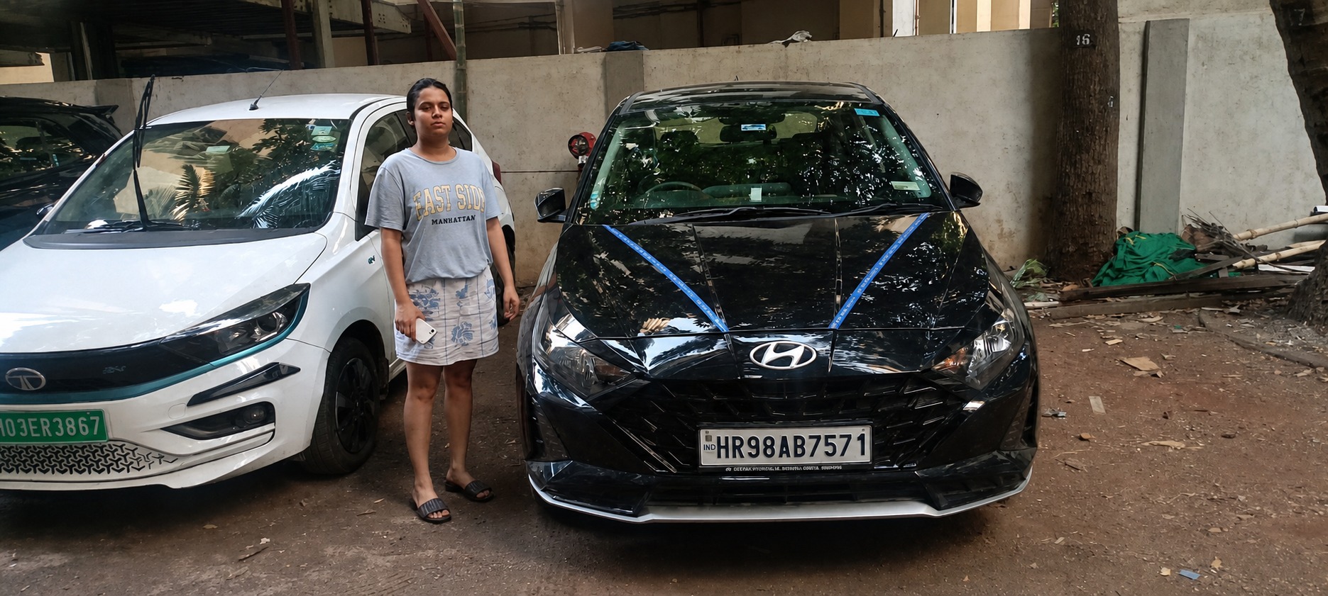 Tape still on the bonnet - a Hyundai i20, minutes after arrival.