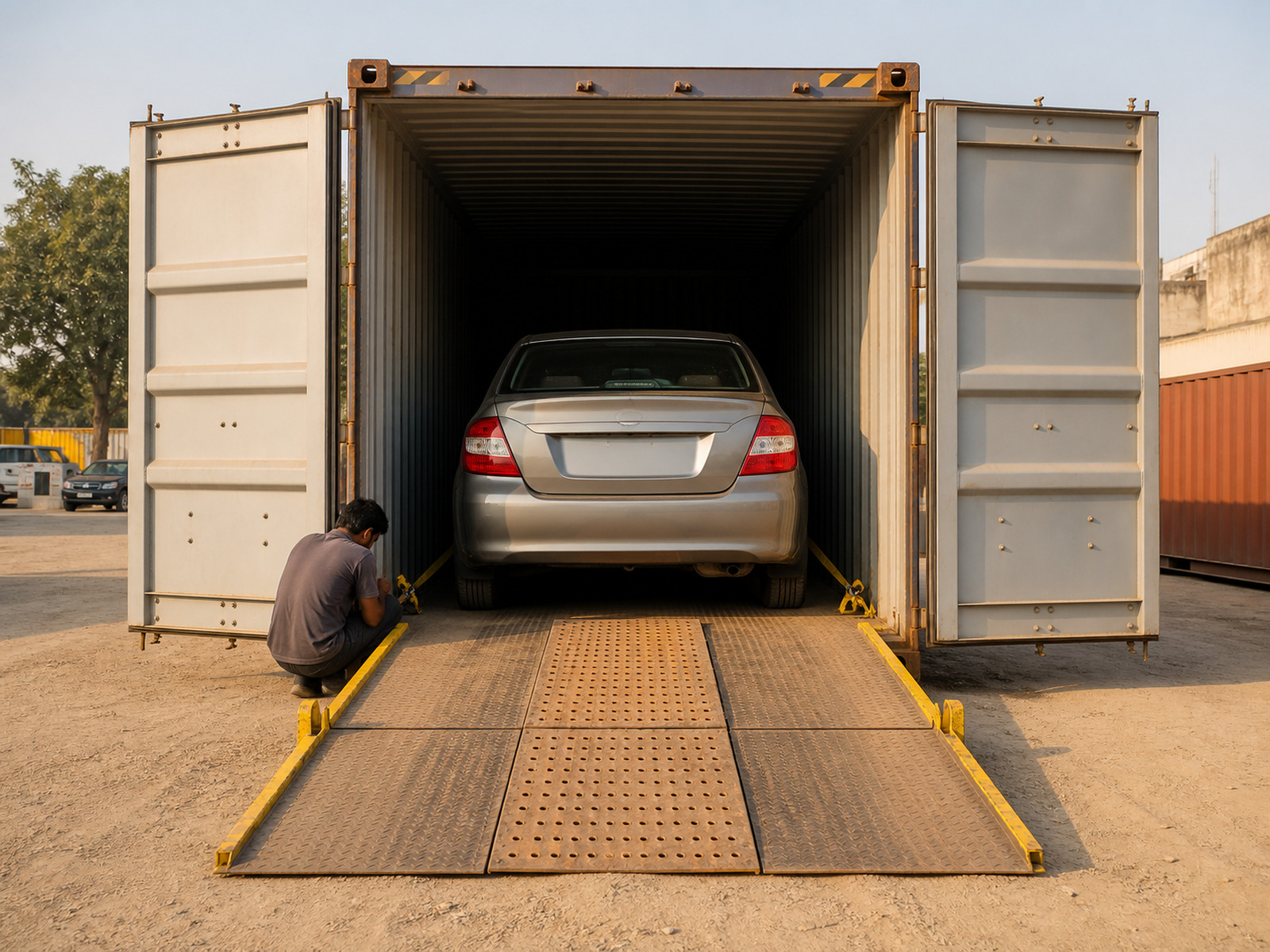 A car being driven into a closed container for transport