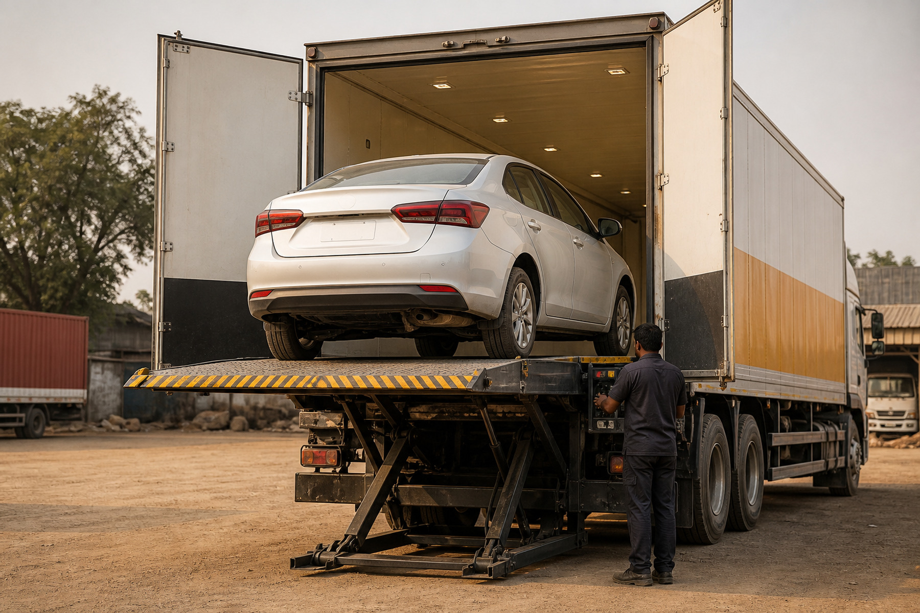 A car being loaded into a sealed enclosed carrier on a hydraulic tail-lift