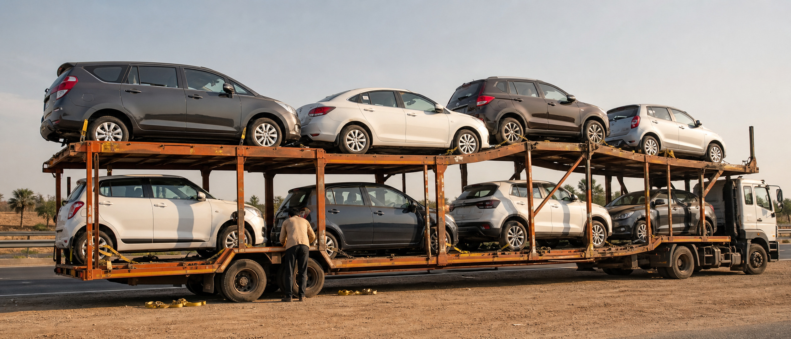 Open multi-car carrier loaded with vehicles on both decks