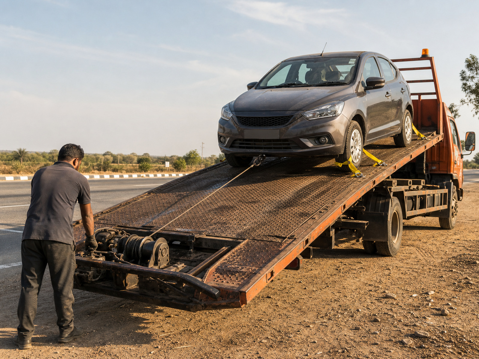 Single-car flatbed carrier with one vehicle secured for transport