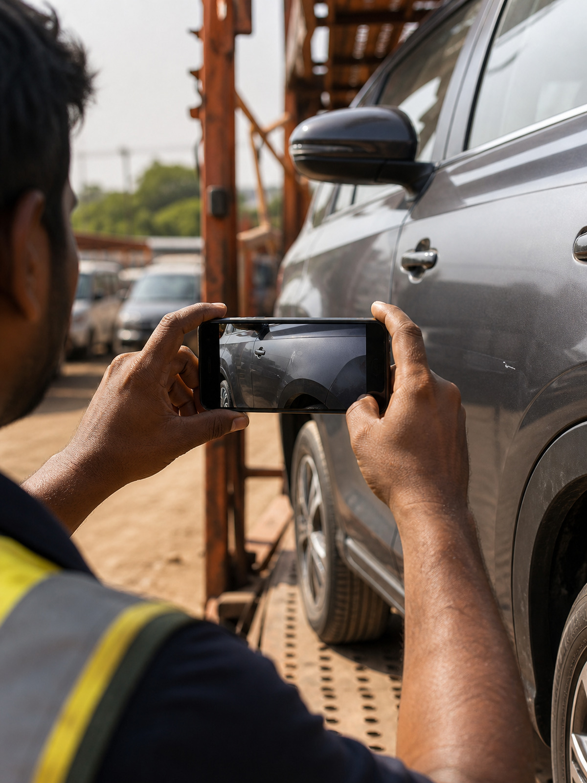 A crew member photographing a vehicle panel for the condition report