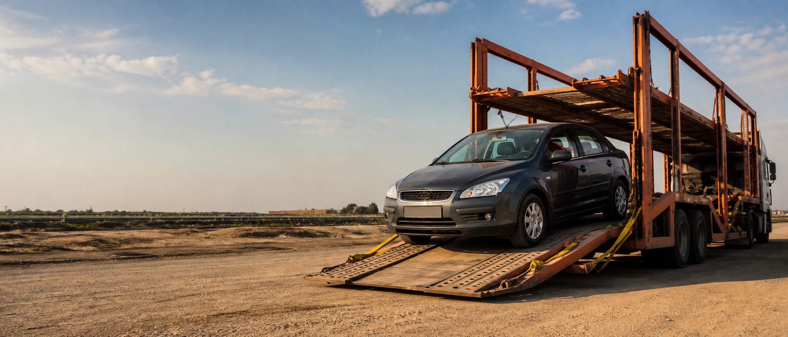 A car being driven up the ramp onto the lower deck of an Abhi Car Transport carrier