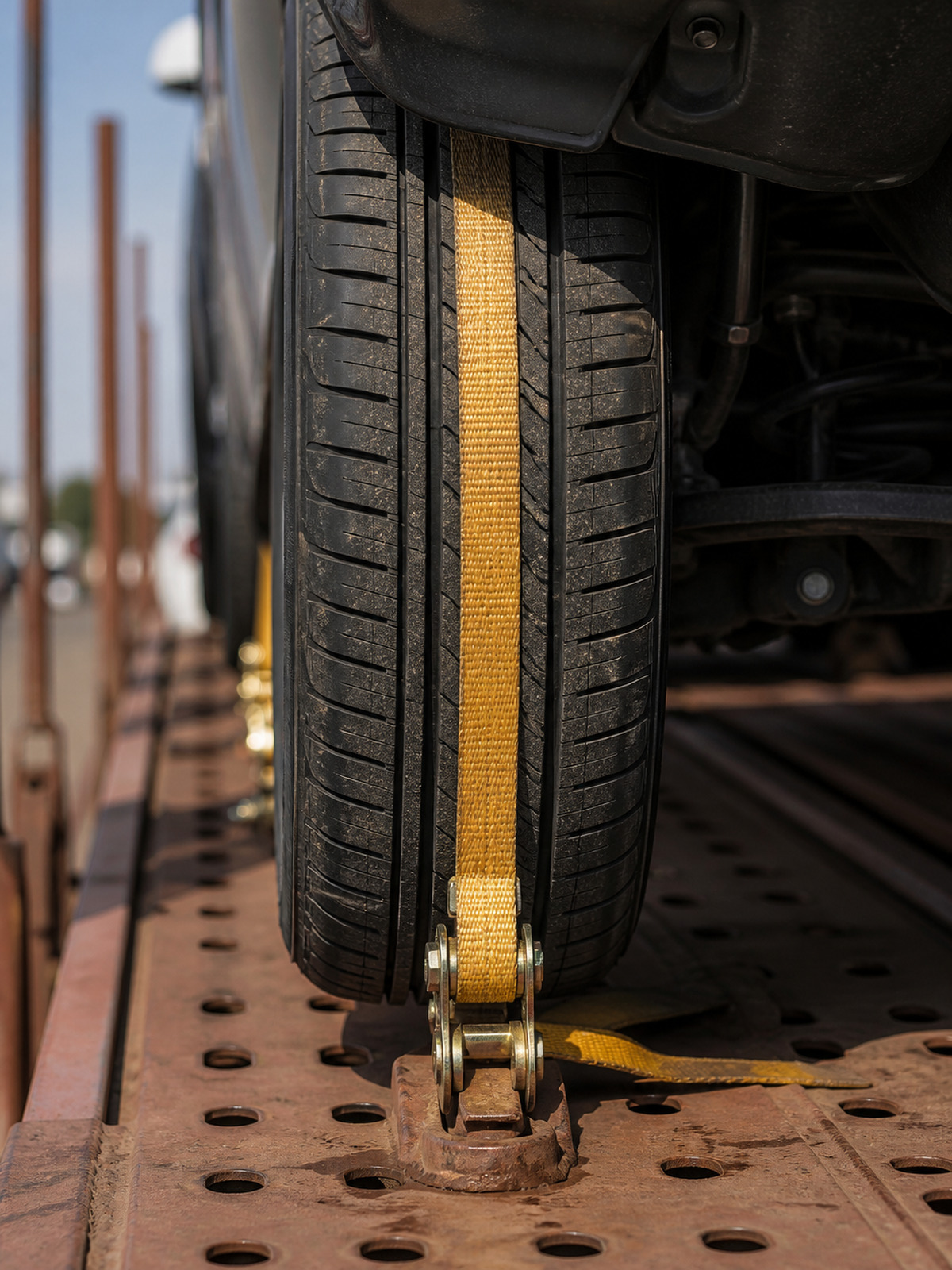 A soft strap tensioned over a tyre rather than the chassis