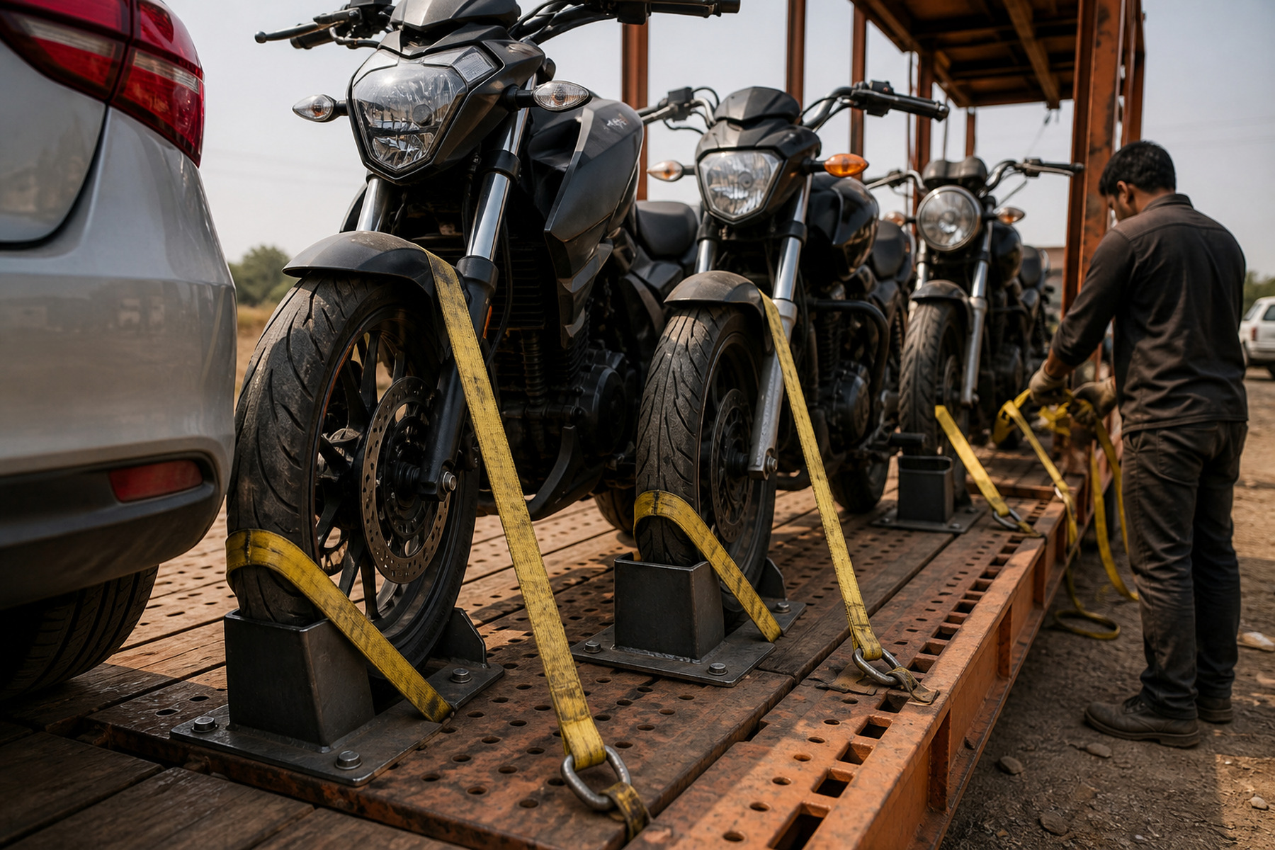 Motorcycles secured with wheel chocks and soft straps on a carrier deck