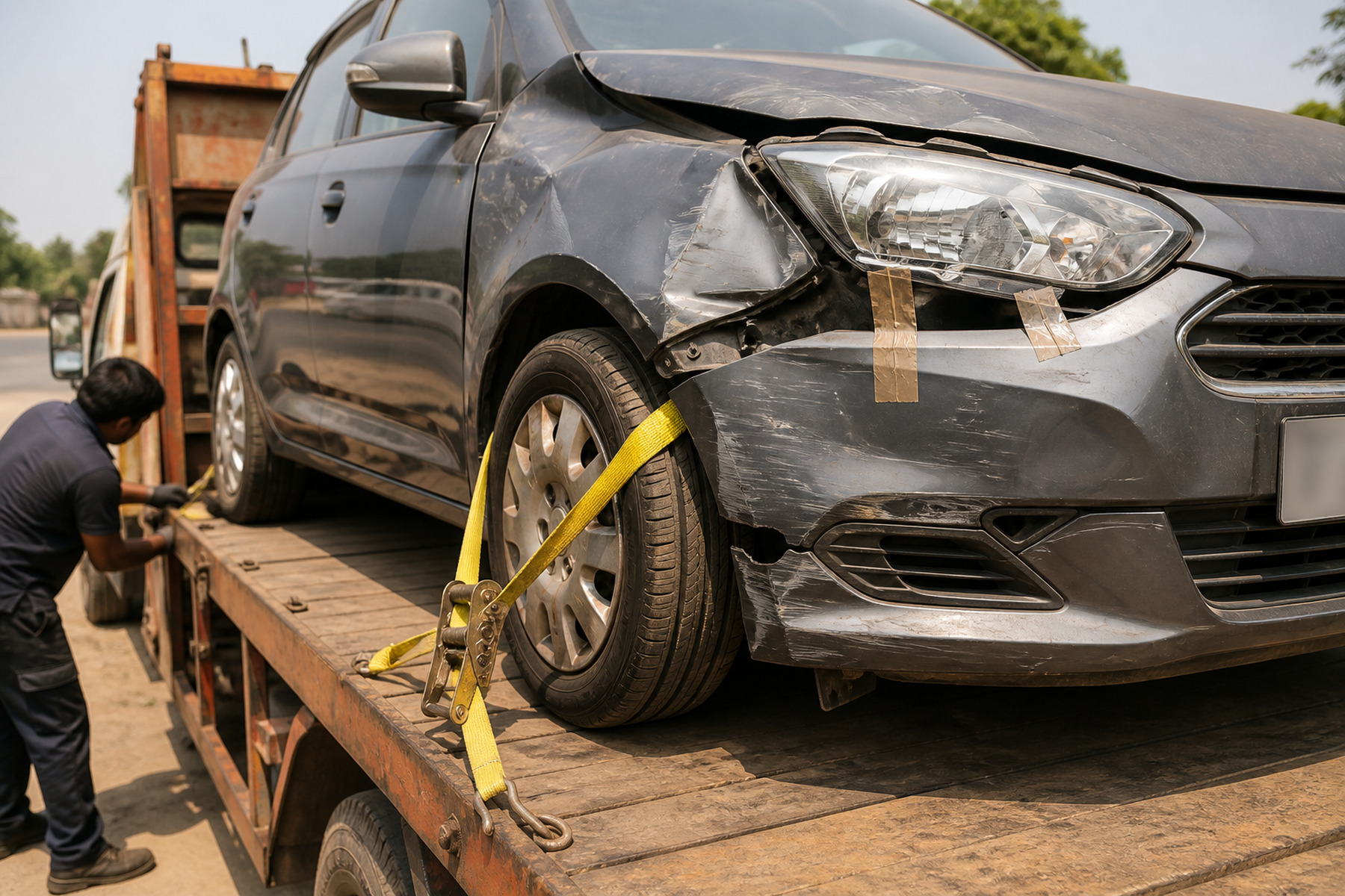 An accident-damaged vehicle secured for transport to a workshop