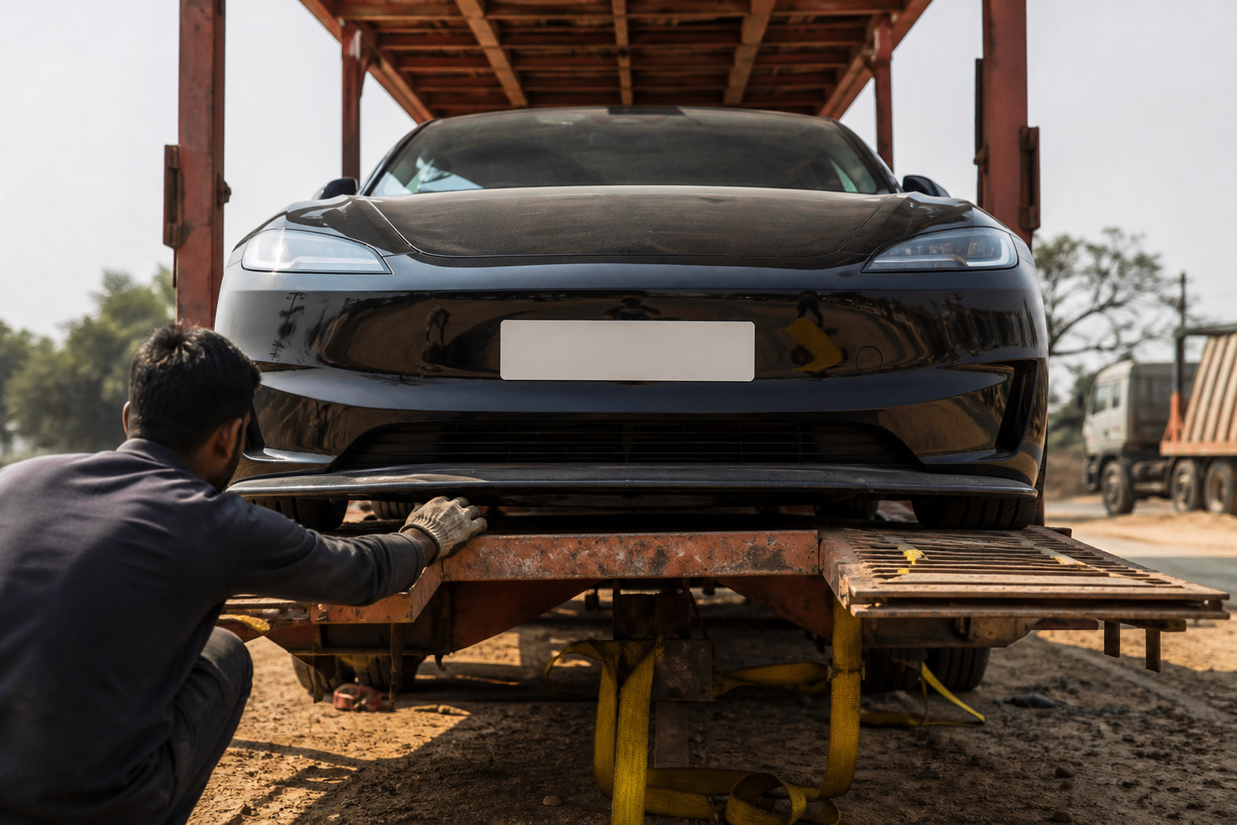 A low-clearance luxury car loaded onto a low-angle hydraulic lift