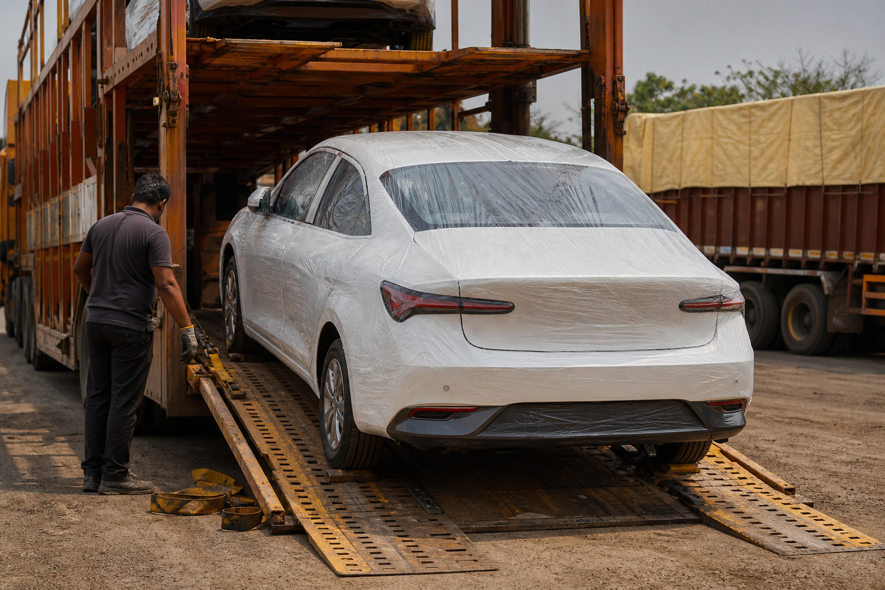 A new car in protective film being loaded for dealer delivery