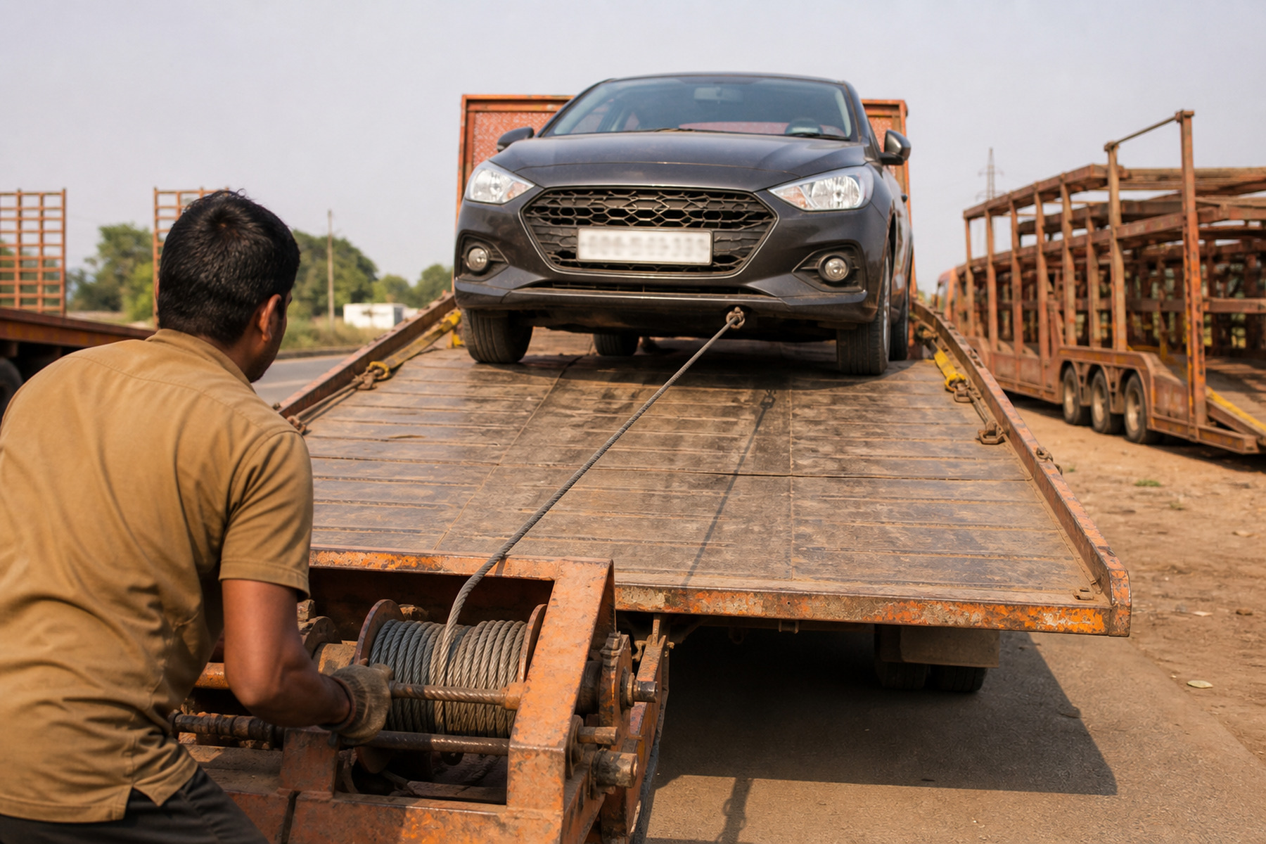 A non-running vehicle being winch-loaded onto a flatbed