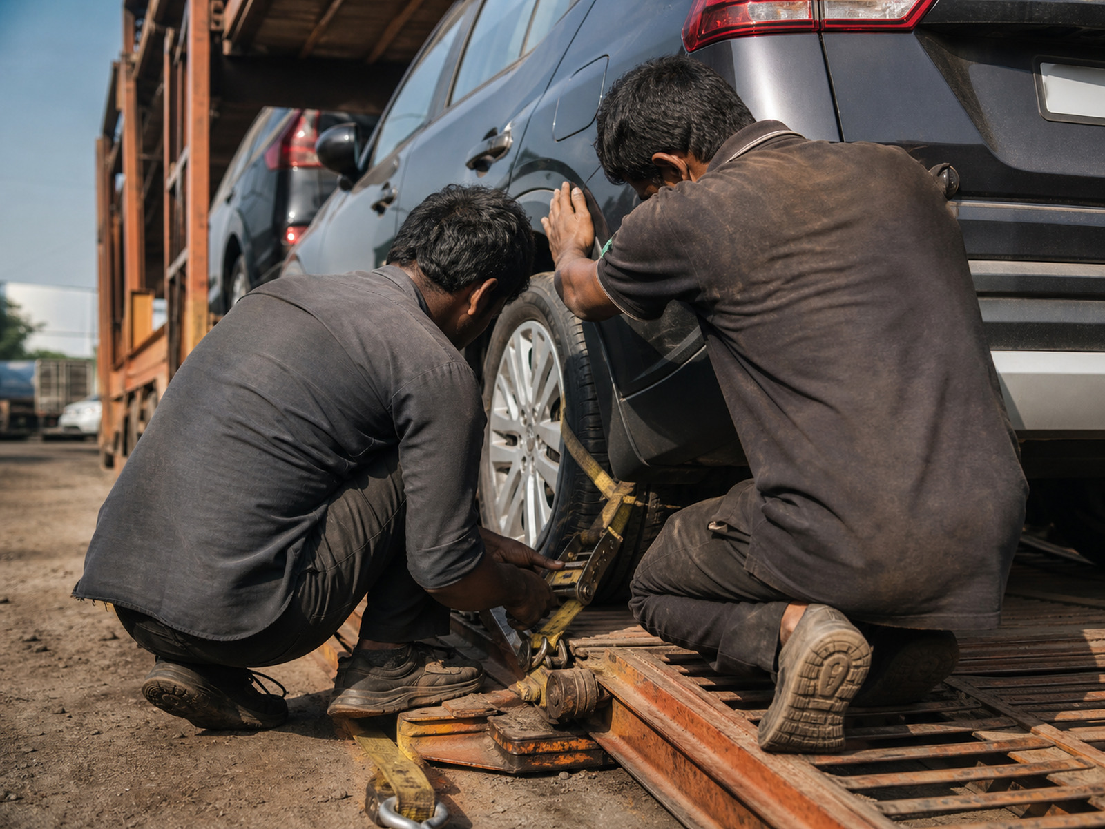 The Abhi Car Transport crew securing a vehicle before dispatch