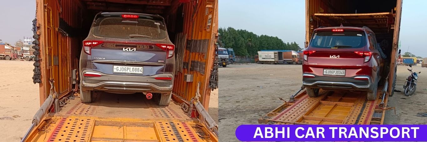 black and red cars are held inside the car carrier, and both cars are ready for car transport service from Gurgaon to Bangalore by Abhi Car Transportation in Gurgaon